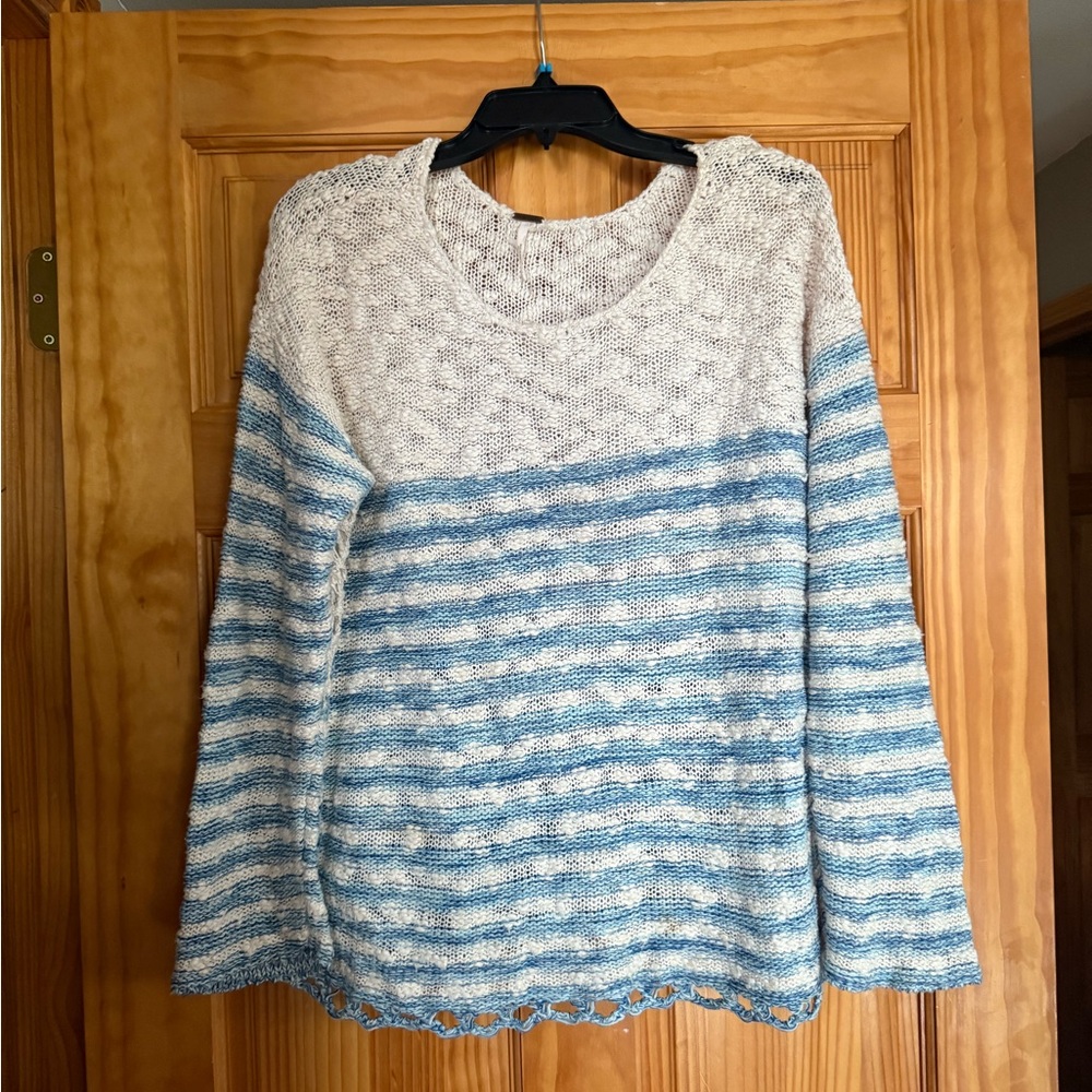 Free People Cream and Blue Striped Crew Neck Top